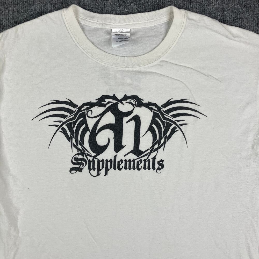 Gildan TShirt Mens L White Black Supplements Graphic Gym Workout‎ Fitness